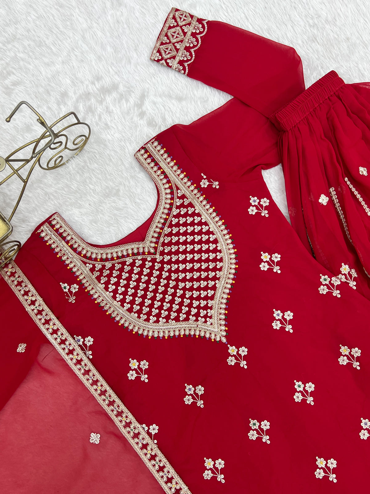Pure Fox Georgette Embroidered Top with Sharara & Dupatta Set