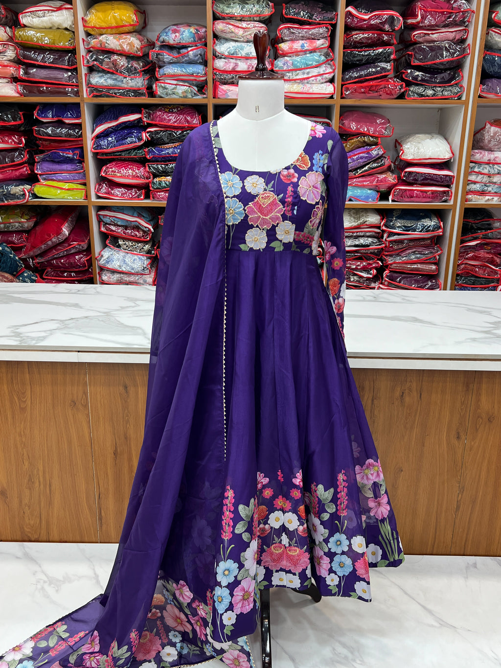Floral Organza Silk Printed Anarkali with Badla Jari Handwork & Gota Patti Dupatta