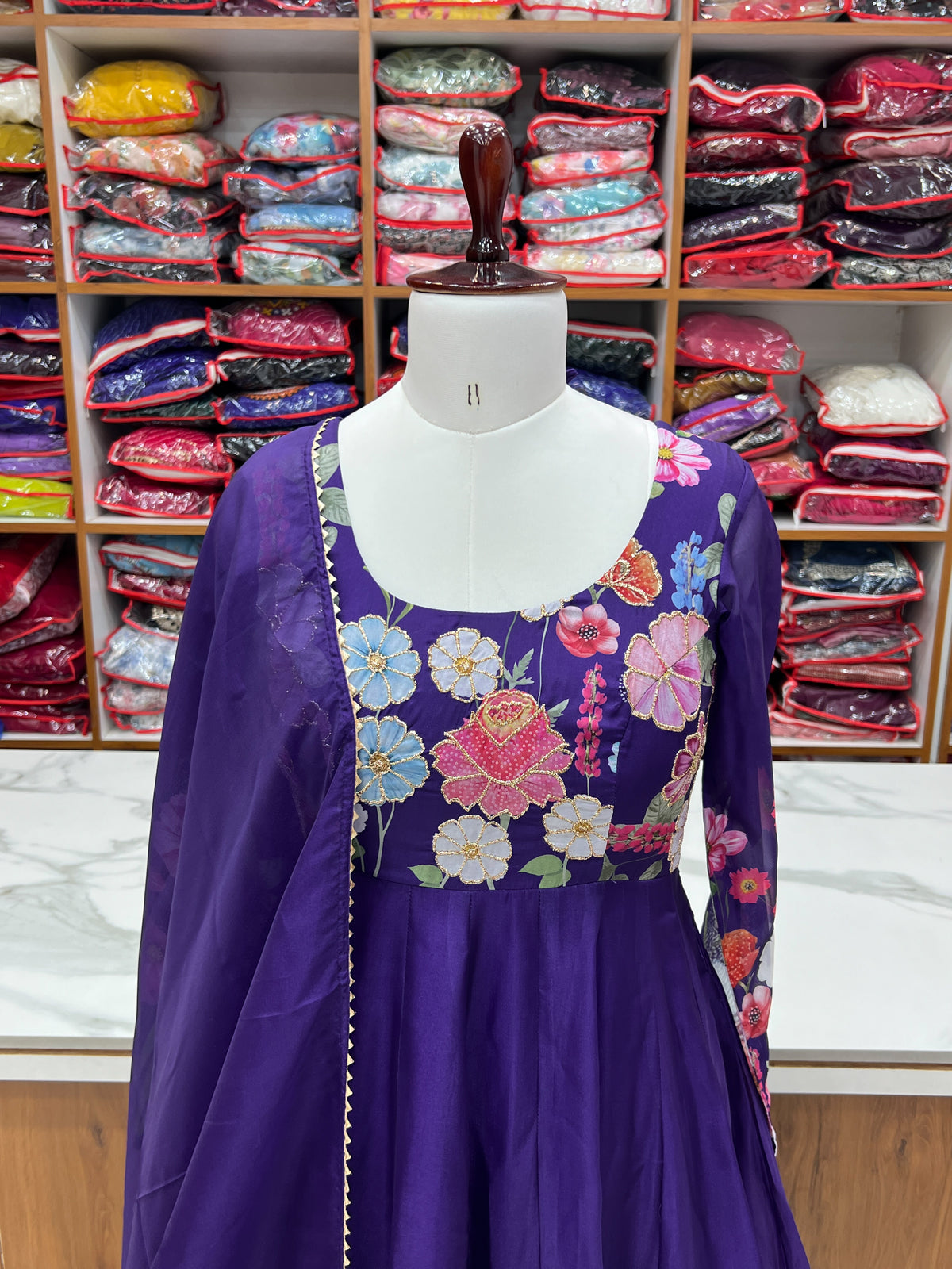Floral Organza Silk Printed Anarkali with Badla Jari Handwork & Gota Patti Dupatta