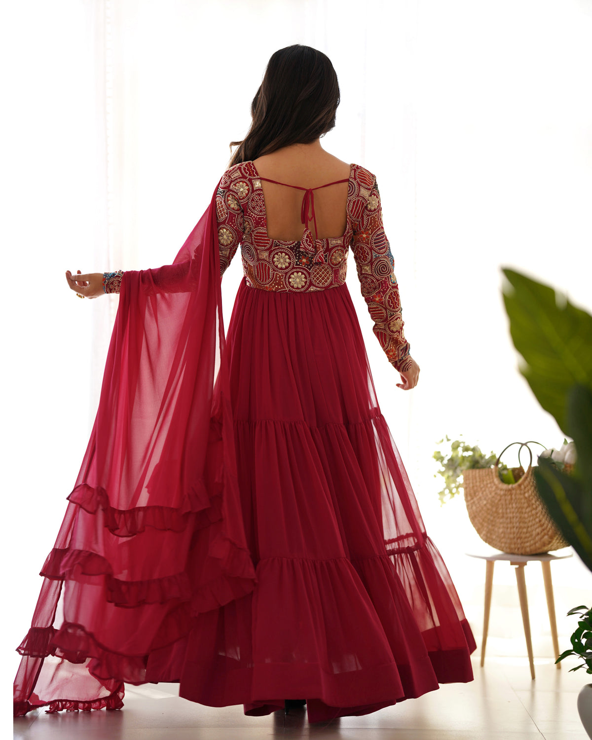 8M+ Flair Faux Georgette Anarkali Gown with 9-Needle Embroidery & Ruffle Dupatta