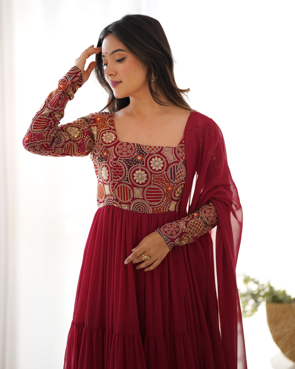 8M+ Flair Faux Georgette Anarkali Gown with 9-Needle Embroidery & Ruffle Dupatta