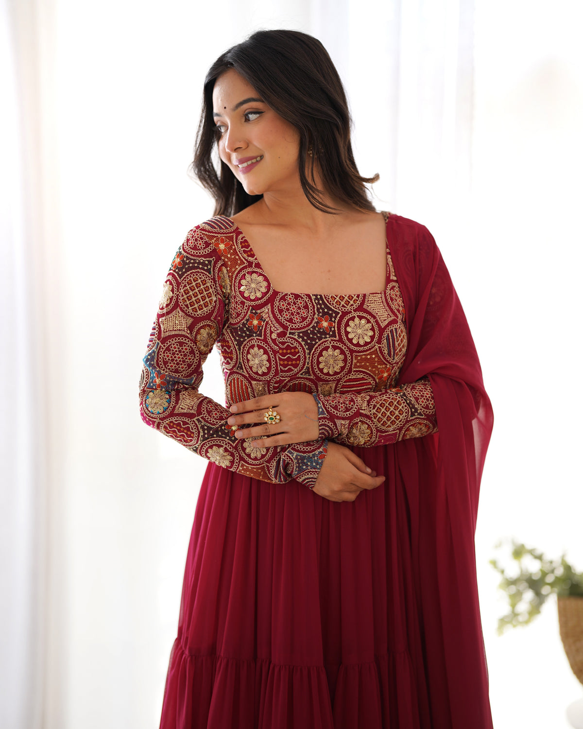 8M+ Flair Faux Georgette Anarkali Gown with 9-Needle Embroidery & Ruffle Dupatta