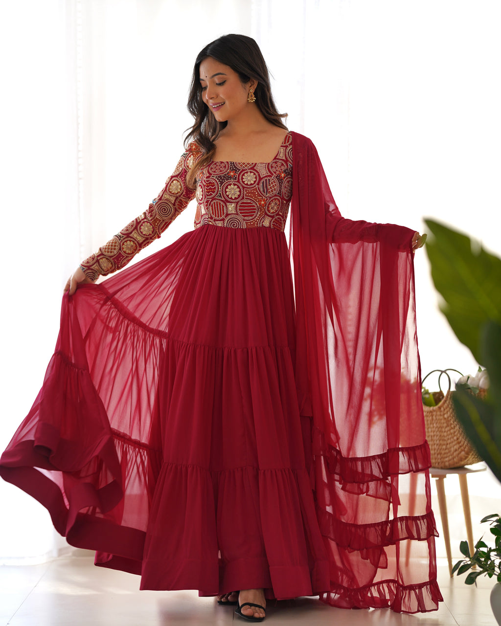 8M+ Flair Faux Georgette Anarkali Gown with 9-Needle Embroidery & Ruffle Dupatta