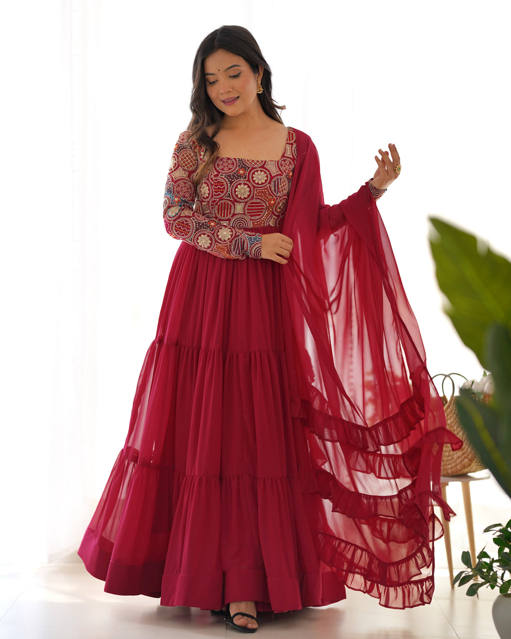 8M+ Flair Faux Georgette Anarkali Gown with 9-Needle Embroidery & Ruffle Dupatta