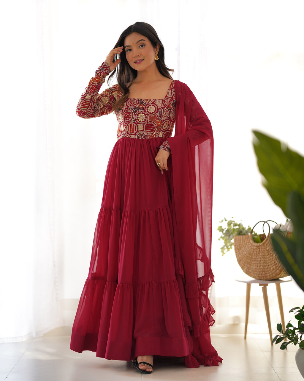 8M+ Flair Faux Georgette Anarkali Gown with 9-Needle Embroidery & Ruffle Dupatta