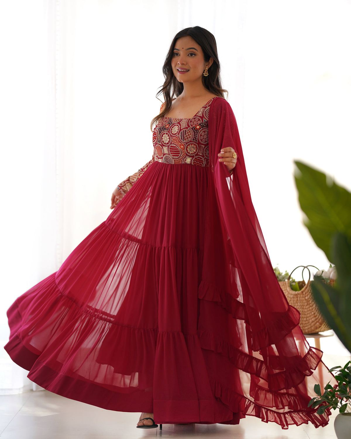 8M+ Flair Faux Georgette Anarkali Gown with 9-Needle Embroidery & Ruffle Dupatta