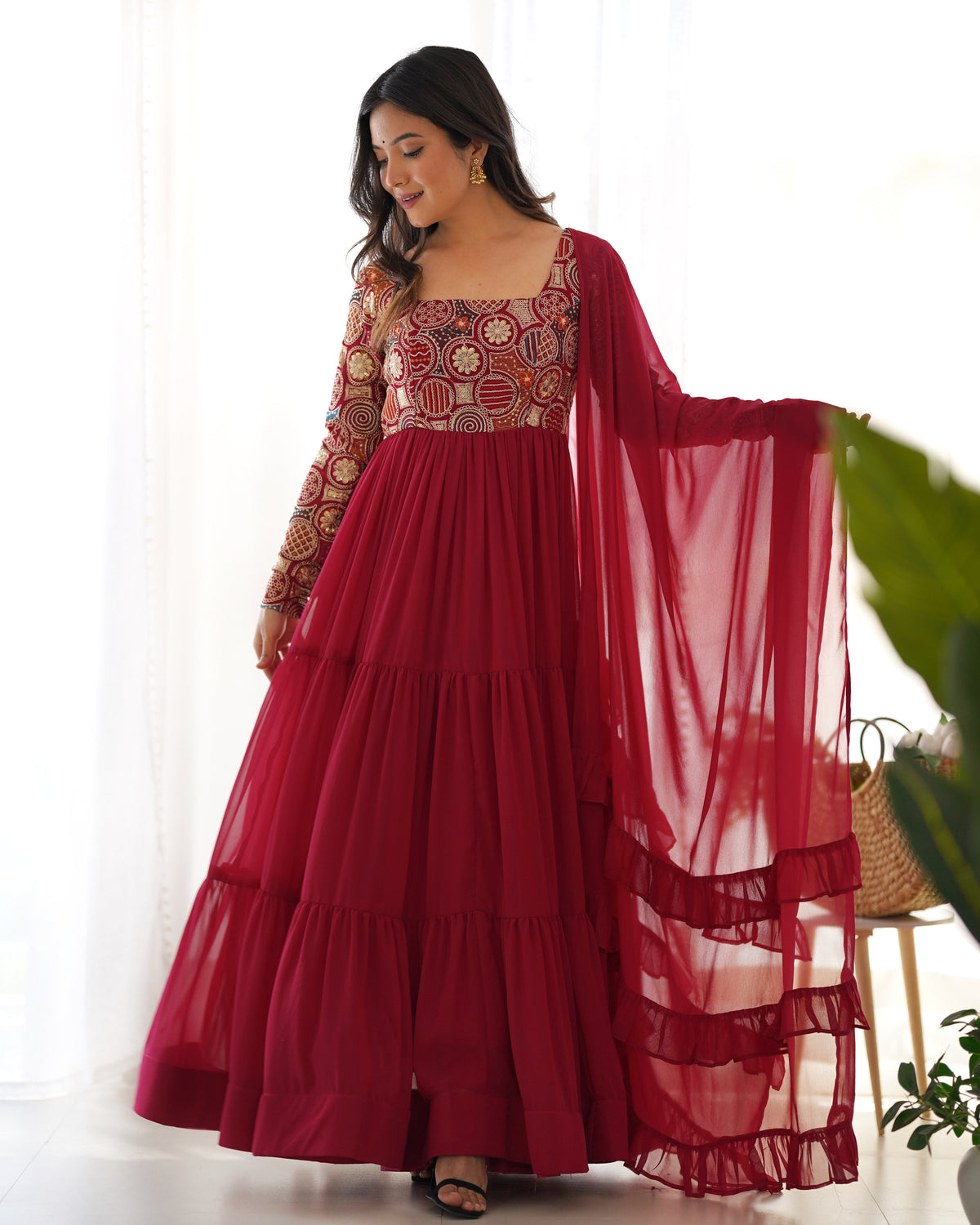 8M+ Flair Faux Georgette Anarkali Gown with 9-Needle Embroidery & Ruffle Dupatta