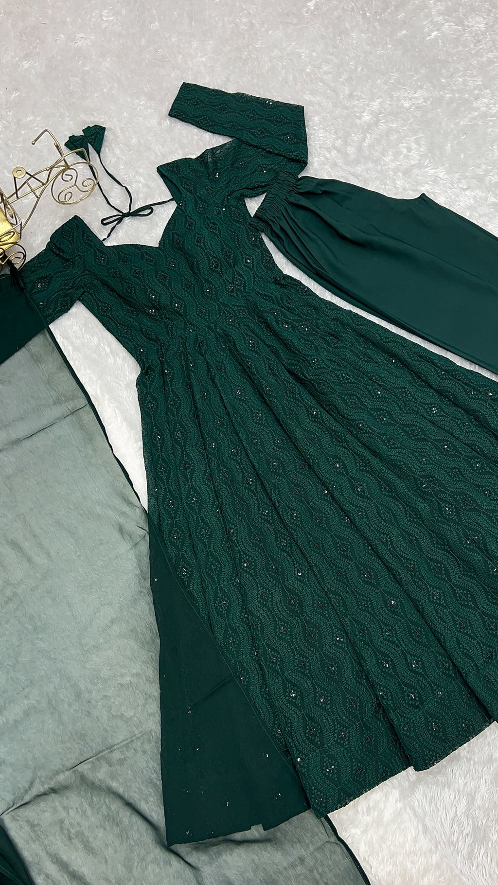 Lukhnowi Fox Georgette Sequence Work Flared Anarkali Gown Set with Ruffle Dupatta & Pant