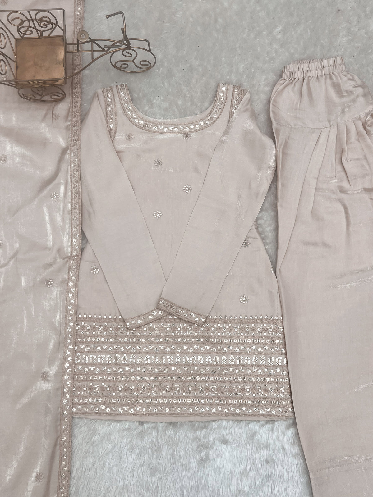 Glass Roman Silk Embroidered Top with Farshi Shalwar Set
