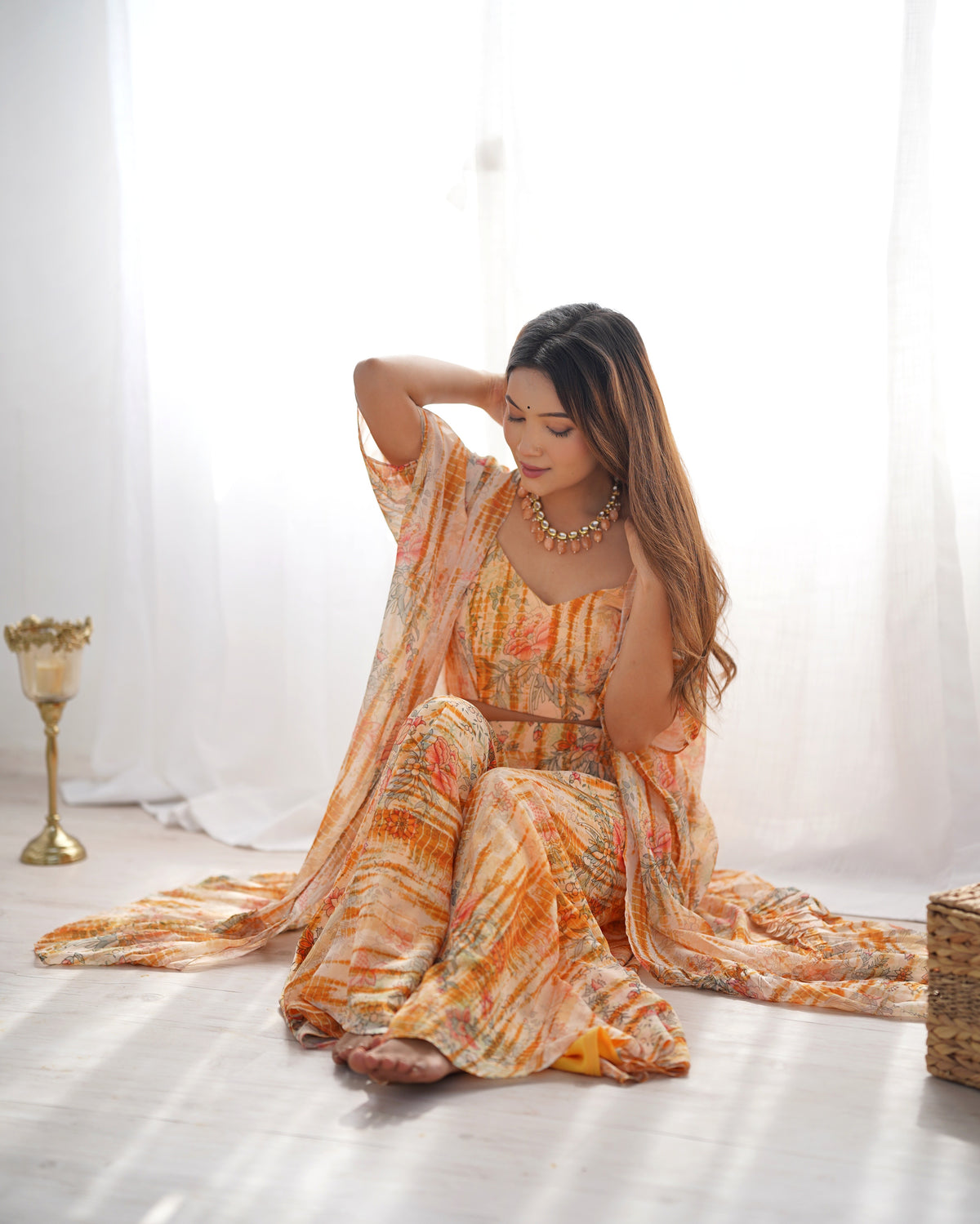 Floral Fox Georgette Indo-Western Shrug Set with Crop Top & Printed Palazzo