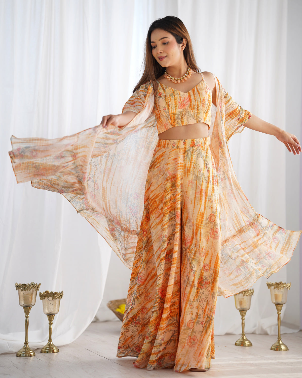Floral Fox Georgette Indo-Western Shrug Set with Crop Top & Printed Palazzo
