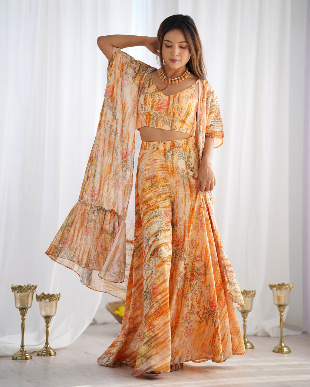 Floral Fox Georgette Indo-Western Shrug Set with Crop Top & Printed Palazzo