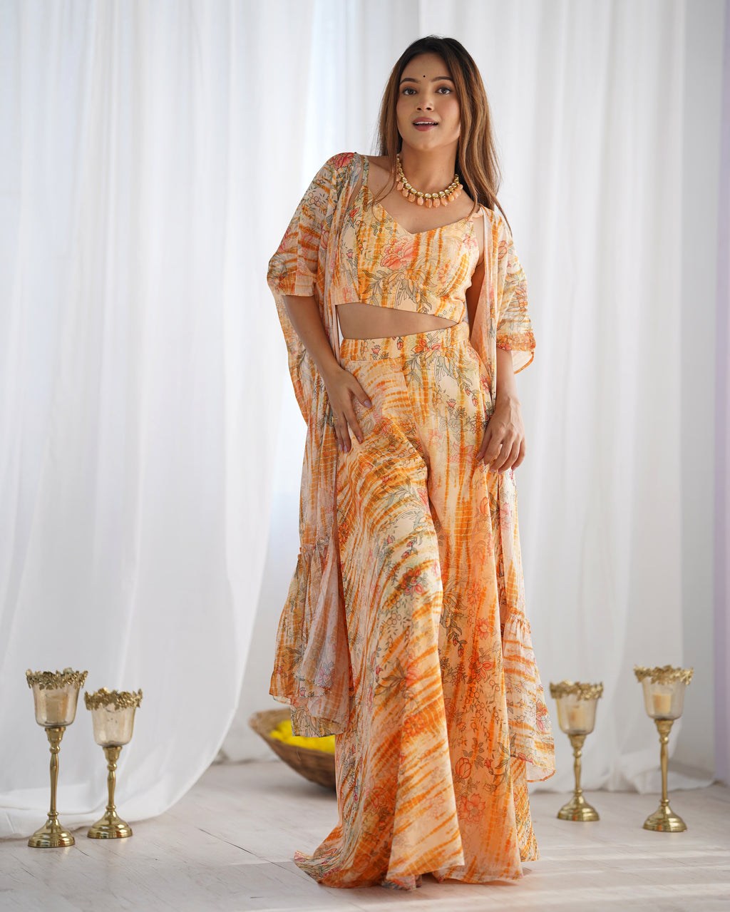 Floral Fox Georgette Indo-Western Shrug Set with Crop Top & Printed Palazzo
