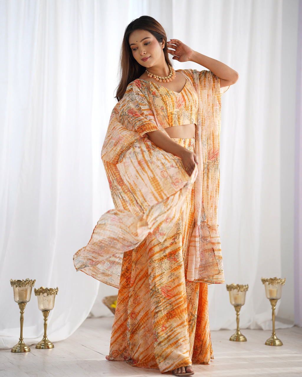 Floral Fox Georgette Indo-Western Shrug Set with Crop Top & Printed Palazzo