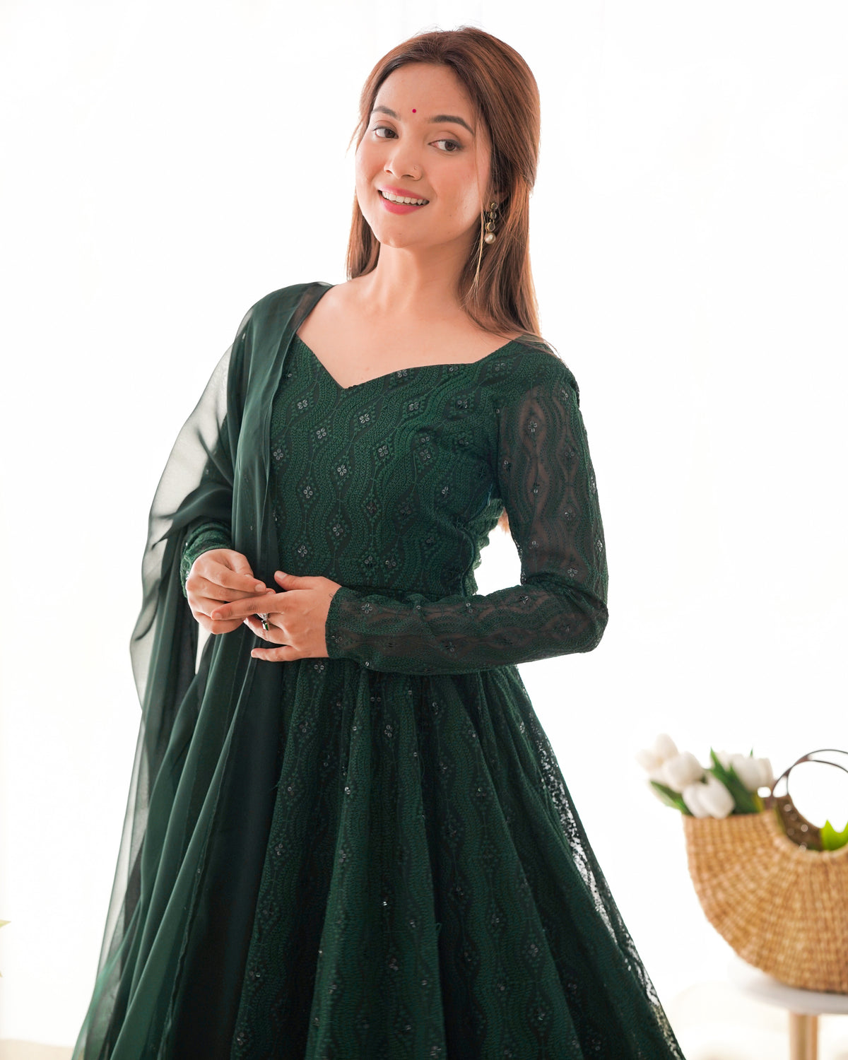 Lukhnowi Fox Georgette Sequence Work Flared Anarkali Gown Set with Ruffle Dupatta & Pant