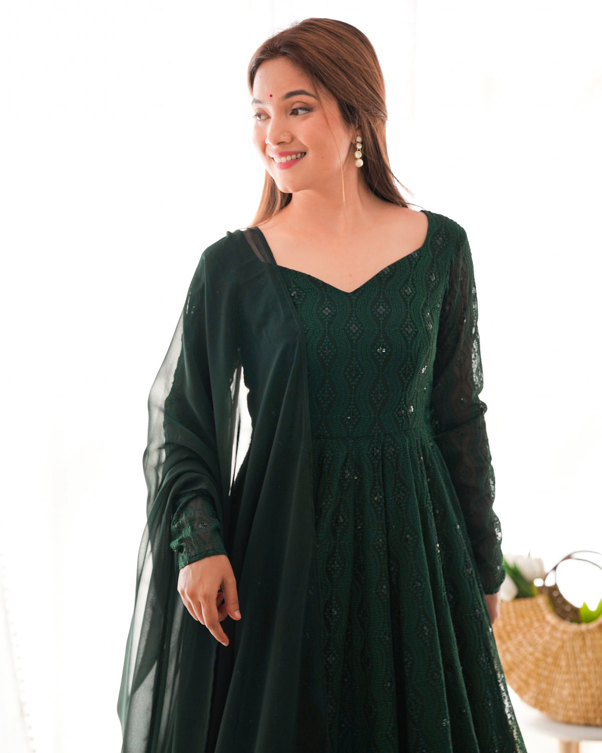 Lukhnowi Fox Georgette Sequence Work Flared Anarkali Gown Set with Ruffle Dupatta & Pant