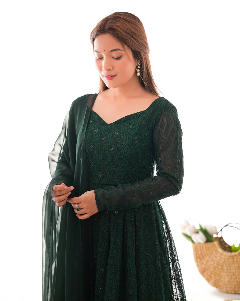 Lukhnowi Fox Georgette Sequence Work Flared Anarkali Gown Set with Ruffle Dupatta & Pant