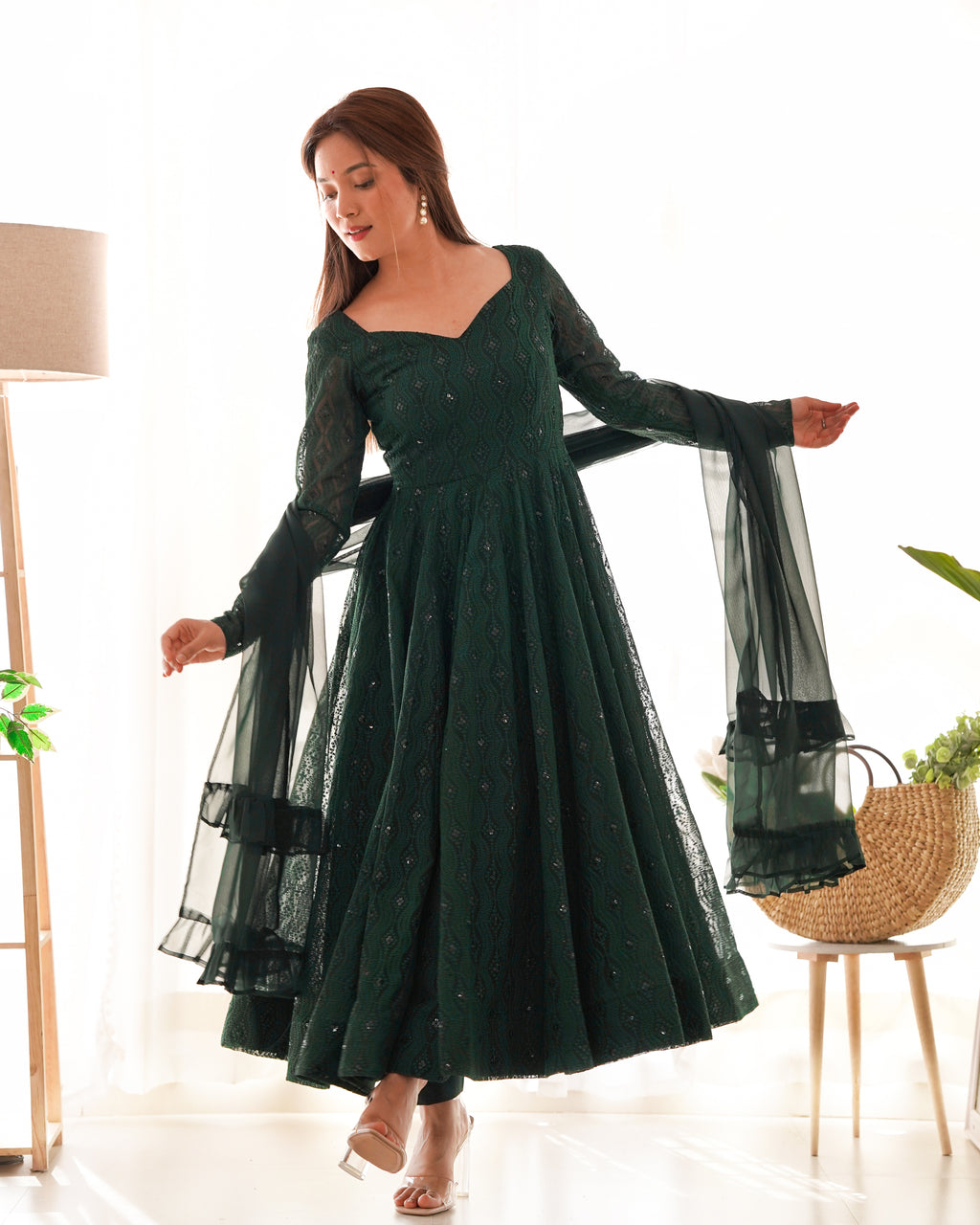 Lukhnowi Fox Georgette Sequence Work Flared Anarkali Gown Set with Ruffle Dupatta & Pant