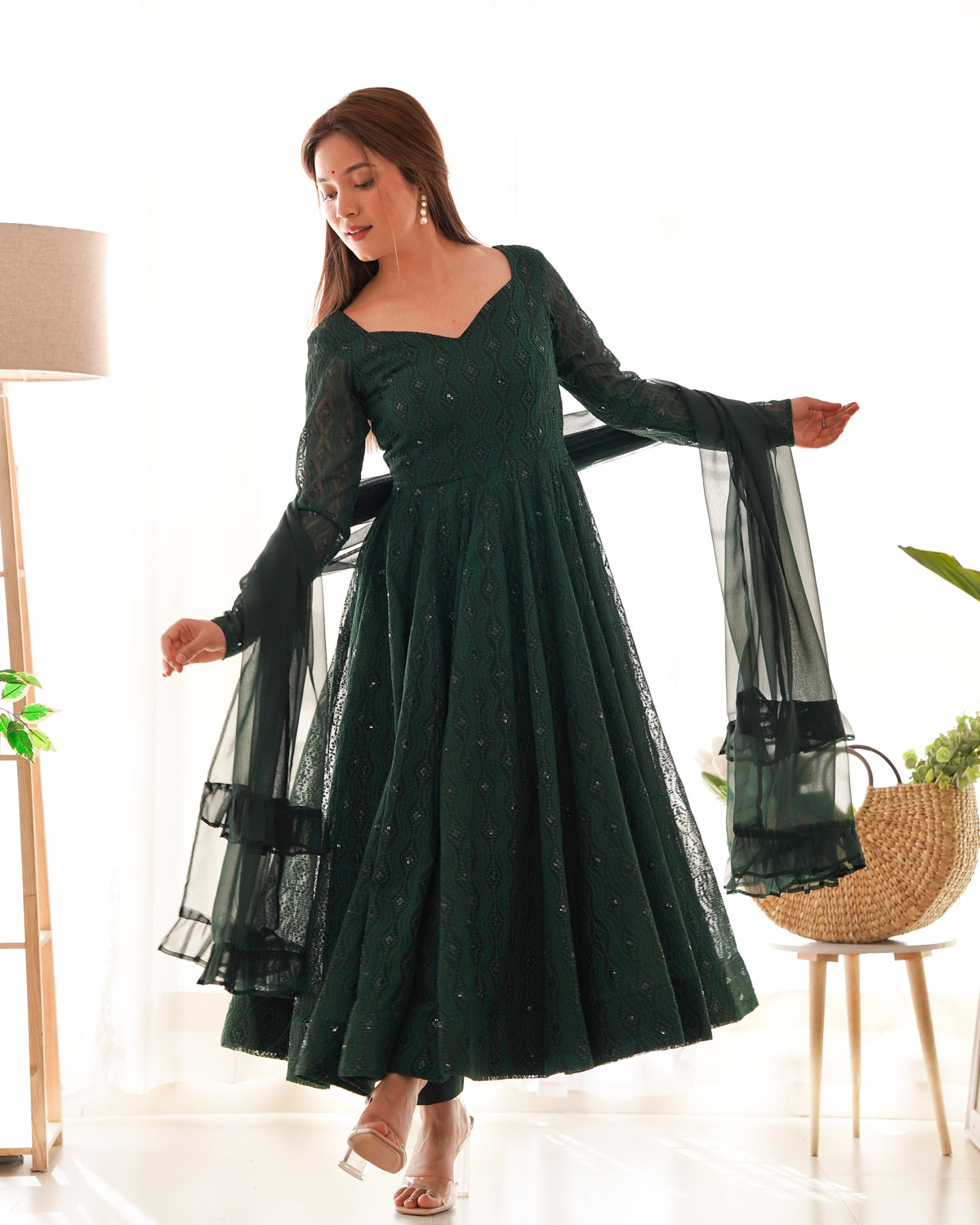 Lukhnowi Fox Georgette Sequence Work Flared Anarkali Gown Set with Ruffle Dupatta & Pant