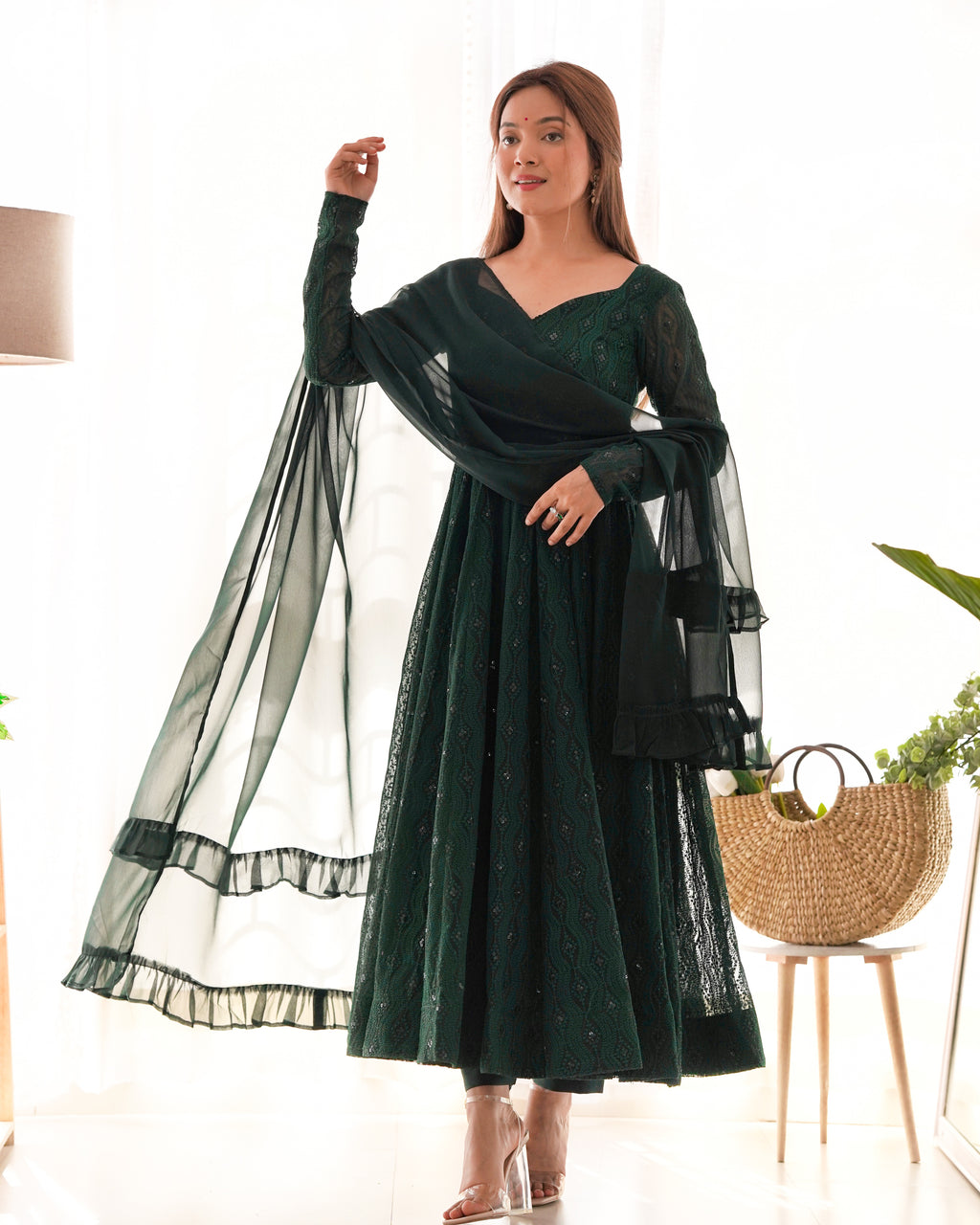 Lukhnowi Fox Georgette Sequence Work Flared Anarkali Gown Set with Ruffle Dupatta & Pant