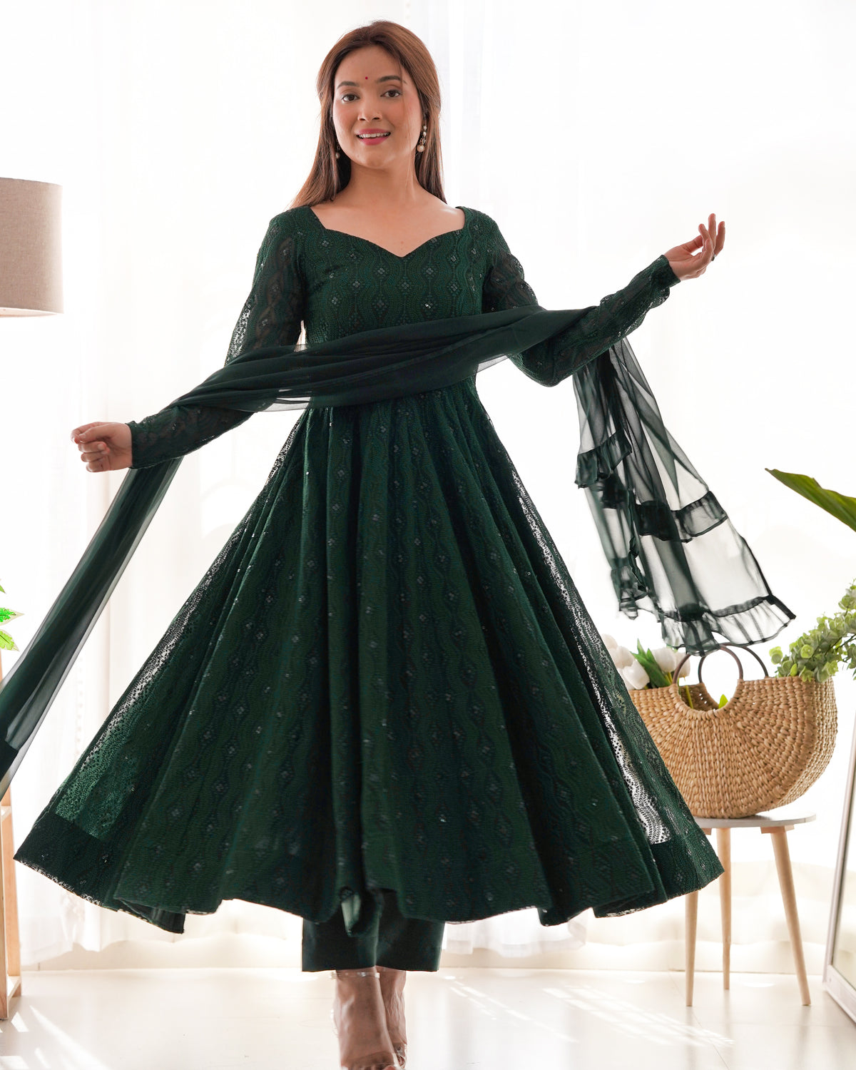Lukhnowi Fox Georgette Sequence Work Flared Anarkali Gown Set with Ruffle Dupatta & Pant
