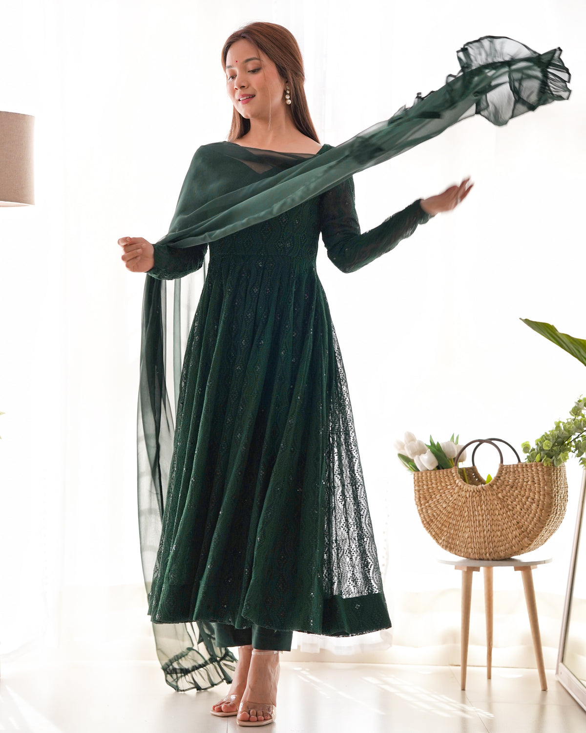 Lukhnowi Fox Georgette Sequence Work Flared Anarkali Gown Set with Ruffle Dupatta & Pant
