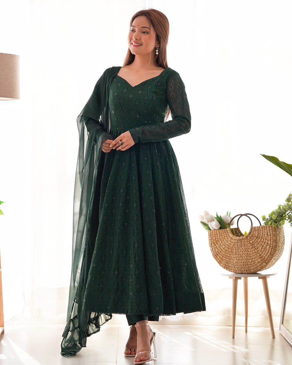 Lukhnowi Fox Georgette Sequence Work Flared Anarkali Gown Set with Ruffle Dupatta & Pant