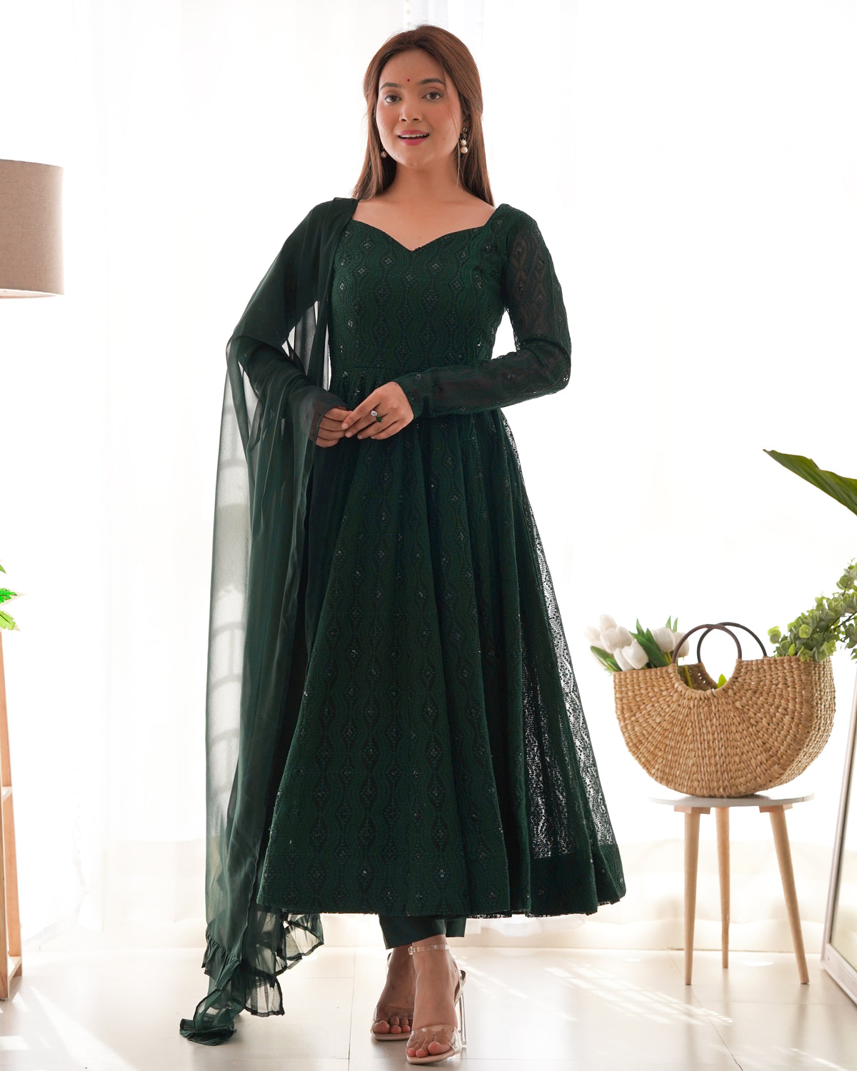 Lukhnowi Fox Georgette Sequence Work Flared Anarkali Gown Set with Ruffle Dupatta & Pant