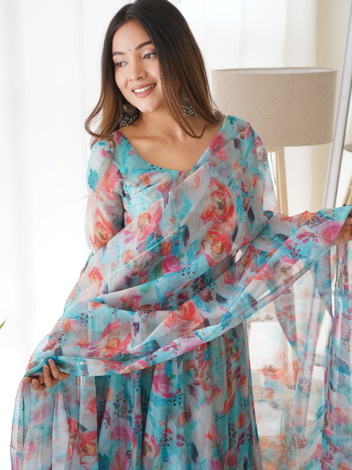 Tabby Organza Silk Printed Anarkali Set with Kali Flair, Gota Patti Dupatta & Belt