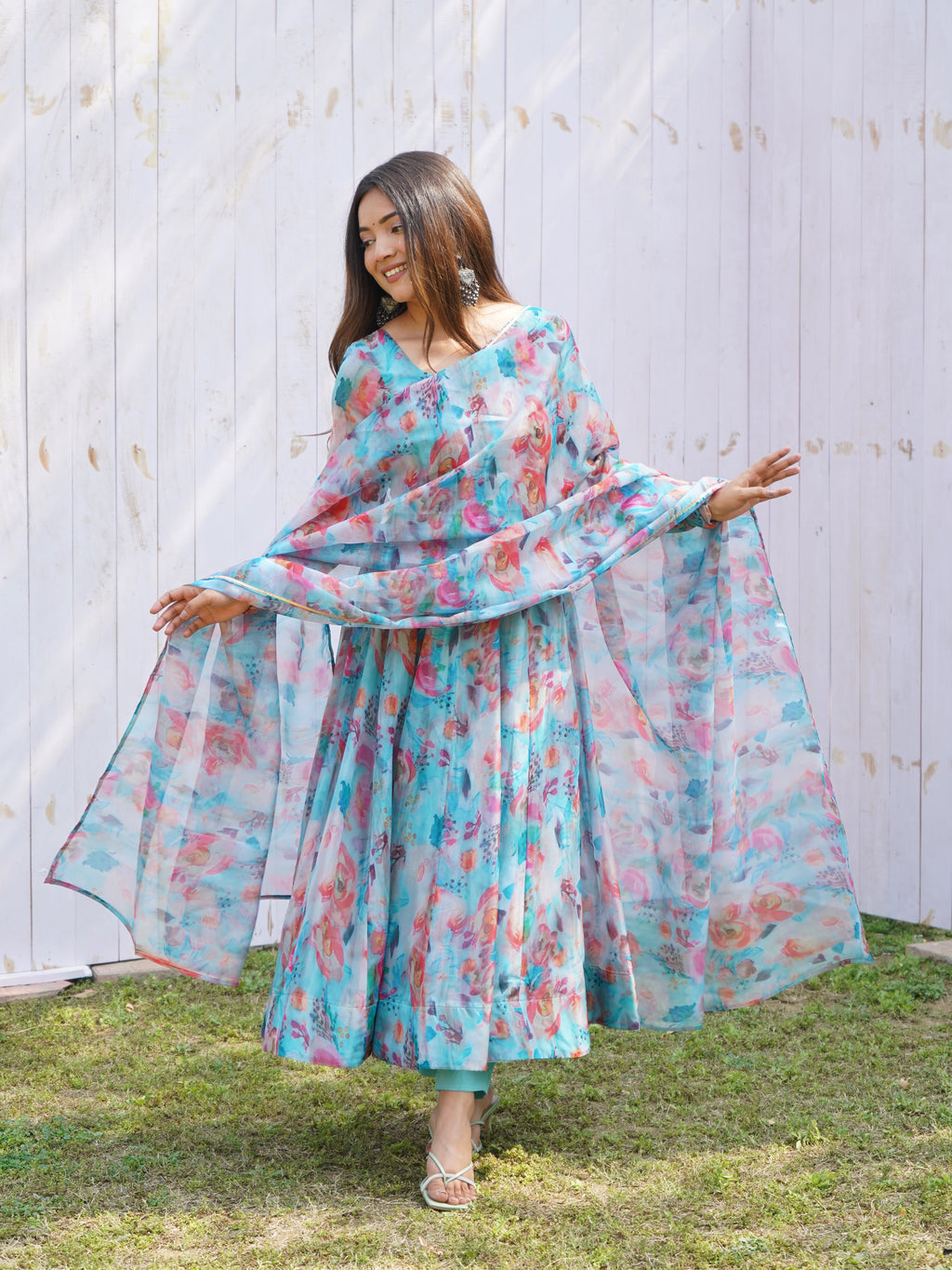 Tabby Organza Silk Printed Anarkali Set with Kali Flair, Gota Patti Dupatta & Belt