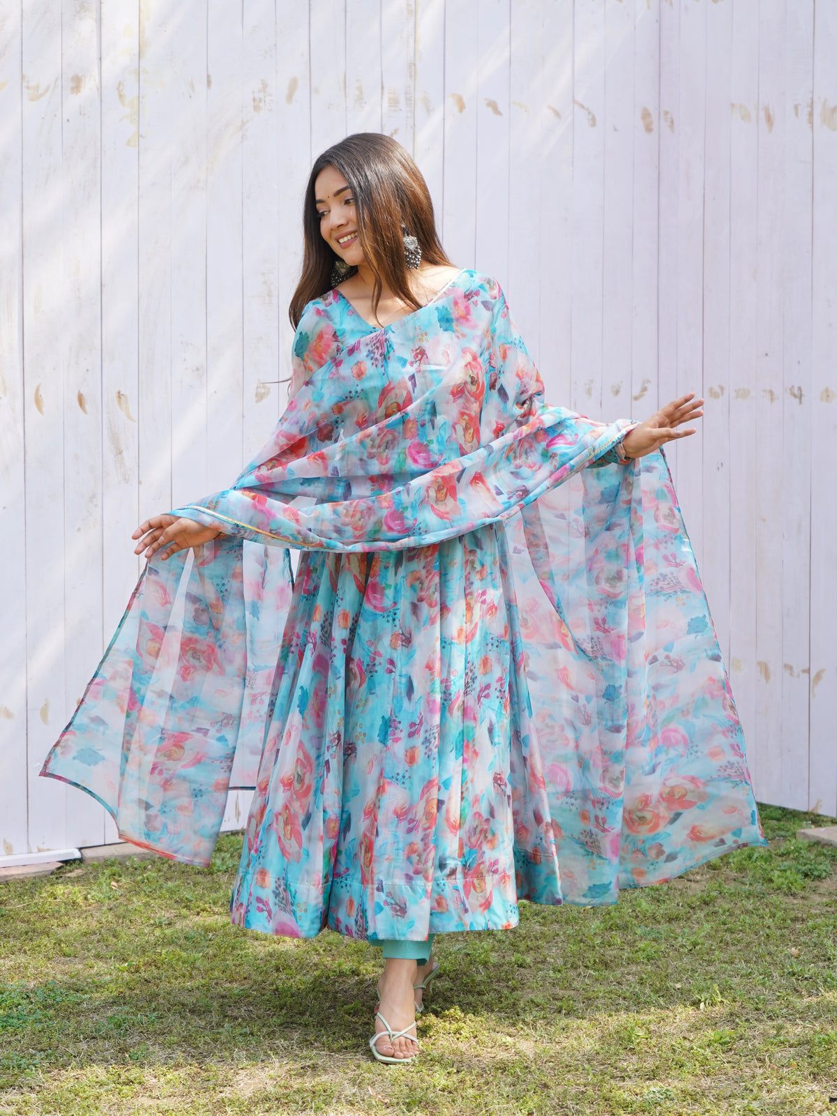 Tabby Organza Silk Printed Anarkali Set with Kali Flair, Gota Patti Dupatta & Belt