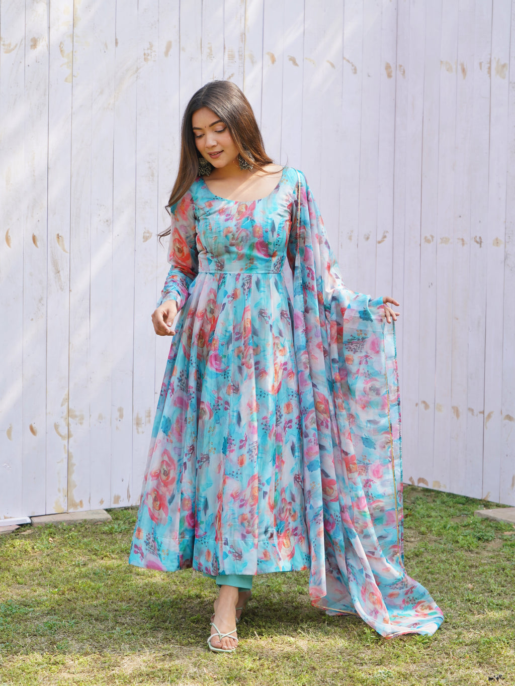 Tabby Organza Silk Printed Anarkali Set with Kali Flair, Gota Patti Dupatta & Belt
