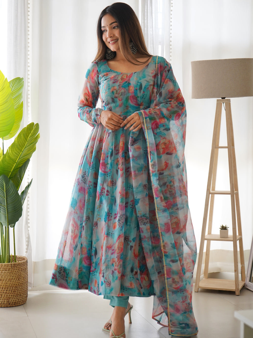 Tabby Organza Silk Printed Anarkali Set with Kali Flair, Gota Patti Dupatta & Belt