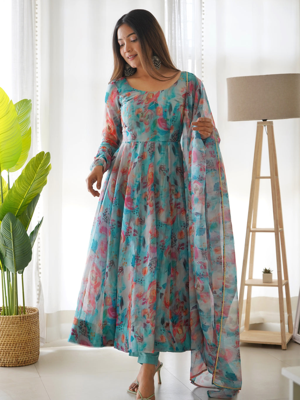 Tabby Organza Silk Printed Anarkali Set with Kali Flair, Gota Patti Dupatta & Belt
