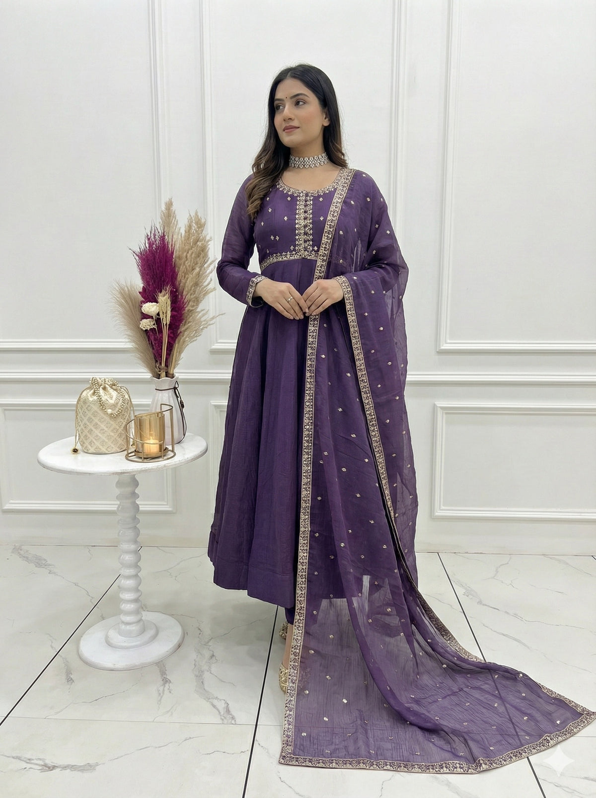 Crunchy Silk 4M Flair Anarkali Gown with Yoke Potli Work & Embroidered Dupatta