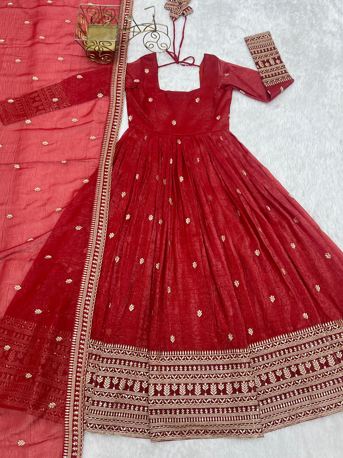 Premium Crunchy Silk Anarkali Gown with Jari & Sequin Embroidery and Beaded Dupatta