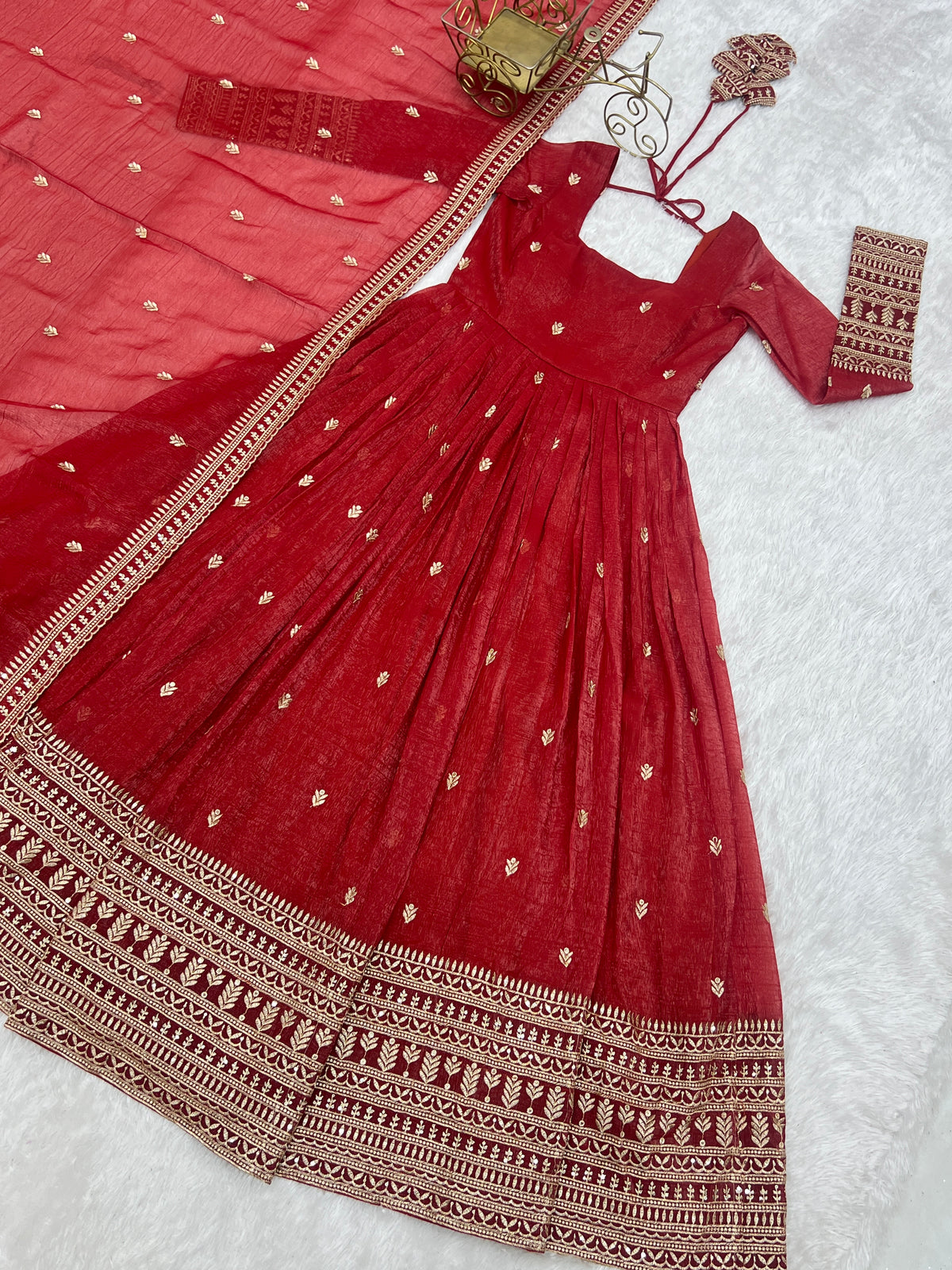 Premium Crunchy Silk Anarkali Gown with Jari & Sequin Embroidery and Beaded Dupatta