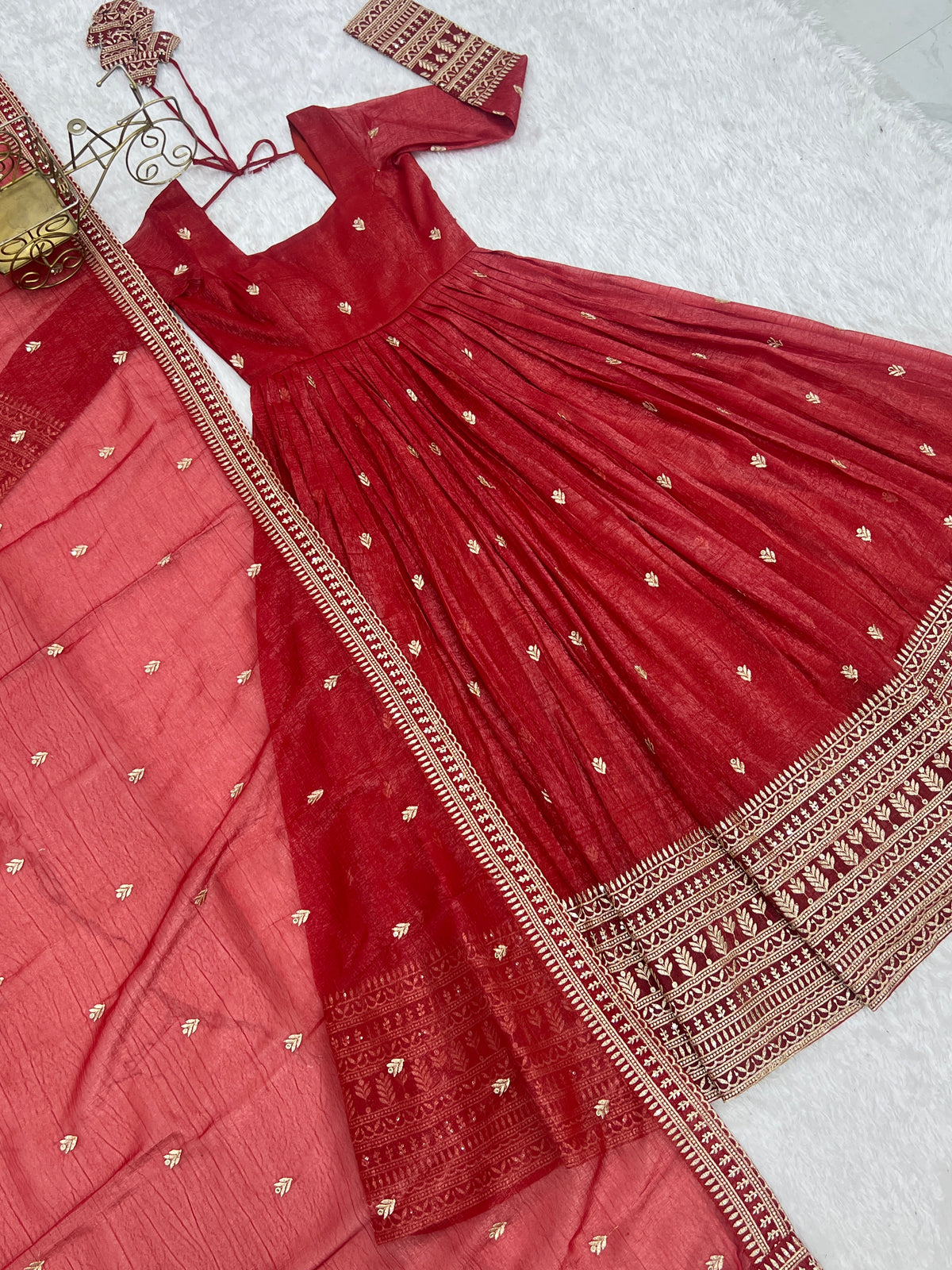 Premium Crunchy Silk Anarkali Gown with Jari & Sequin Embroidery and Beaded Dupatta