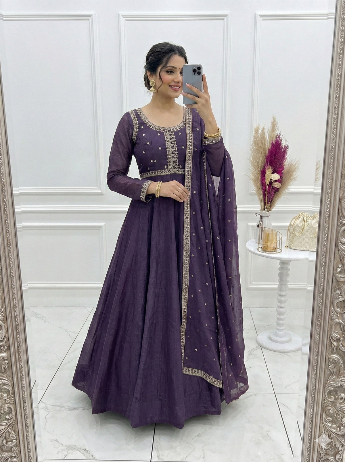 Crunchy Silk 4M Flair Anarkali Gown with Yoke Potli Work & Embroidered Dupatta