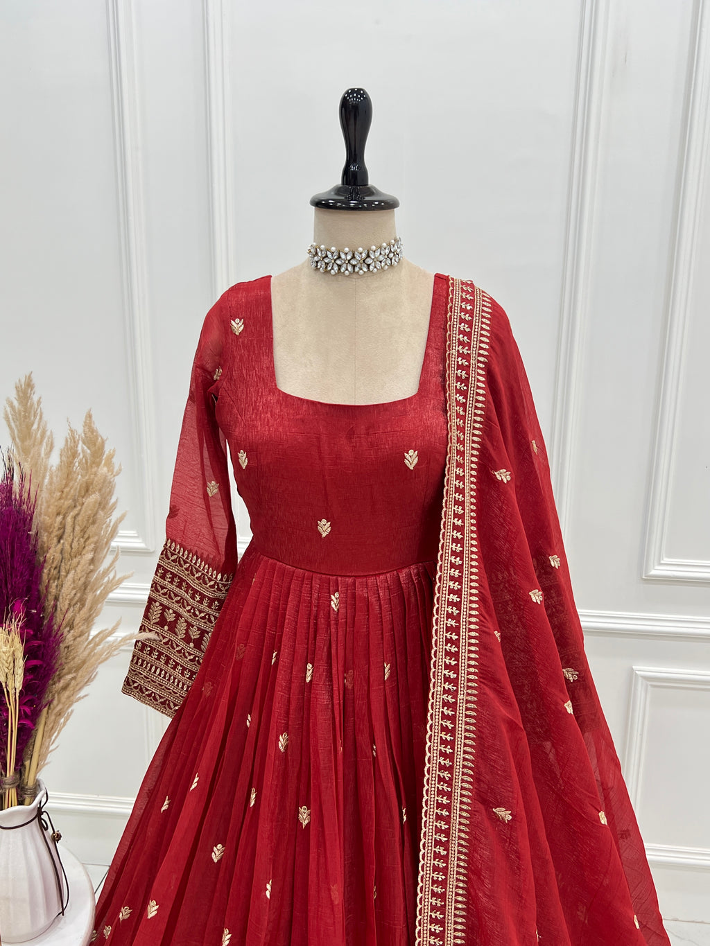 Premium Crunchy Silk Anarkali Gown with Jari & Sequin Embroidery and Beaded Dupatta