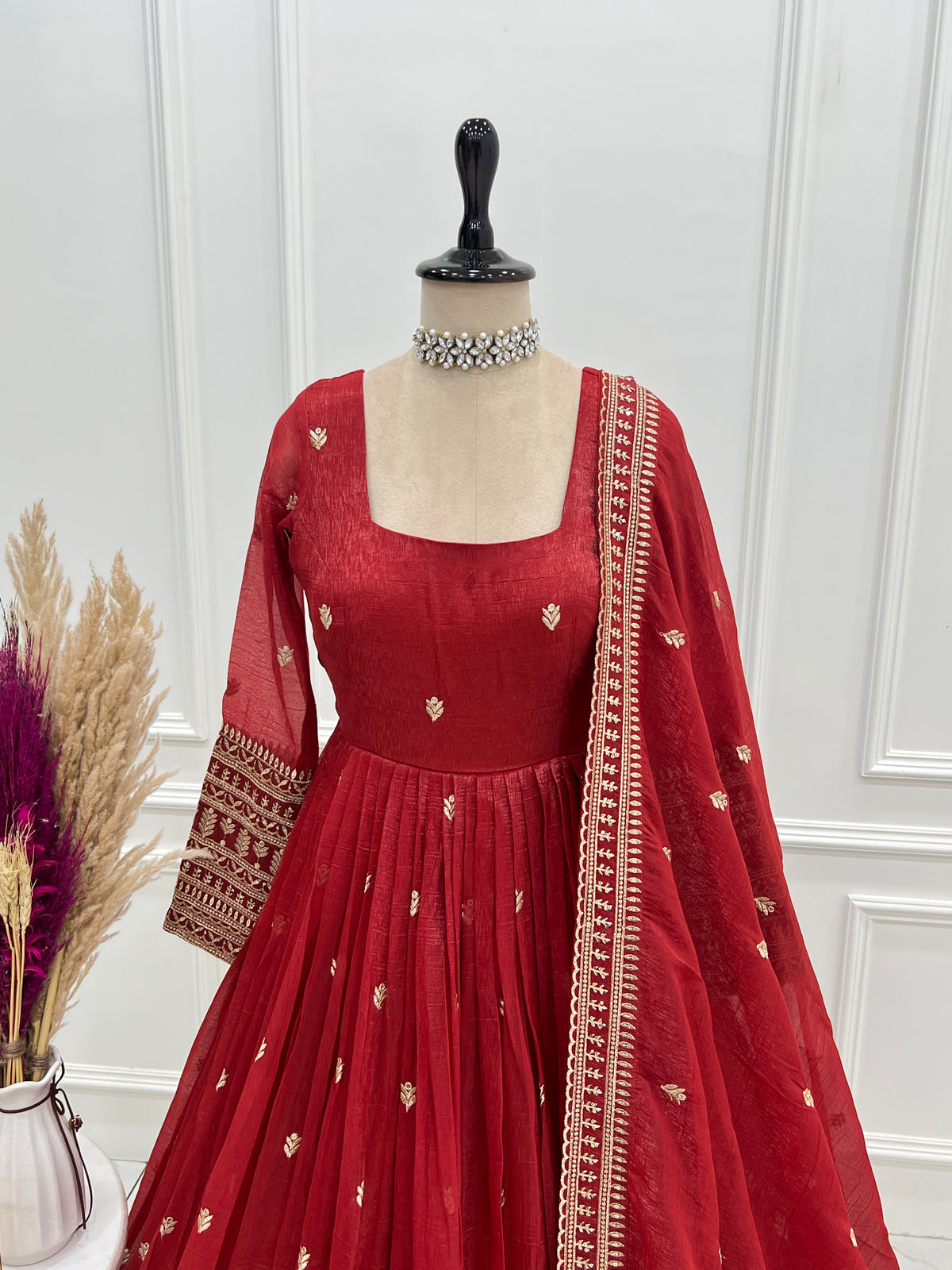 Premium Crunchy Silk Anarkali Gown with Jari & Sequin Embroidery and Beaded Dupatta
