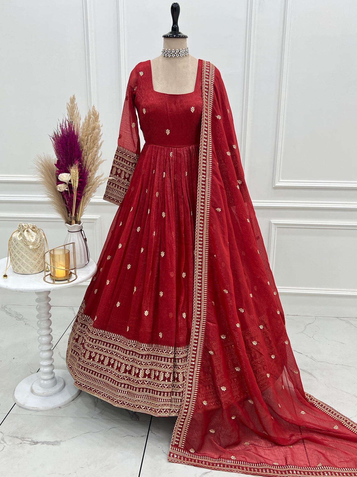 Premium Crunchy Silk Anarkali Gown with Jari & Sequin Embroidery and Beaded Dupatta