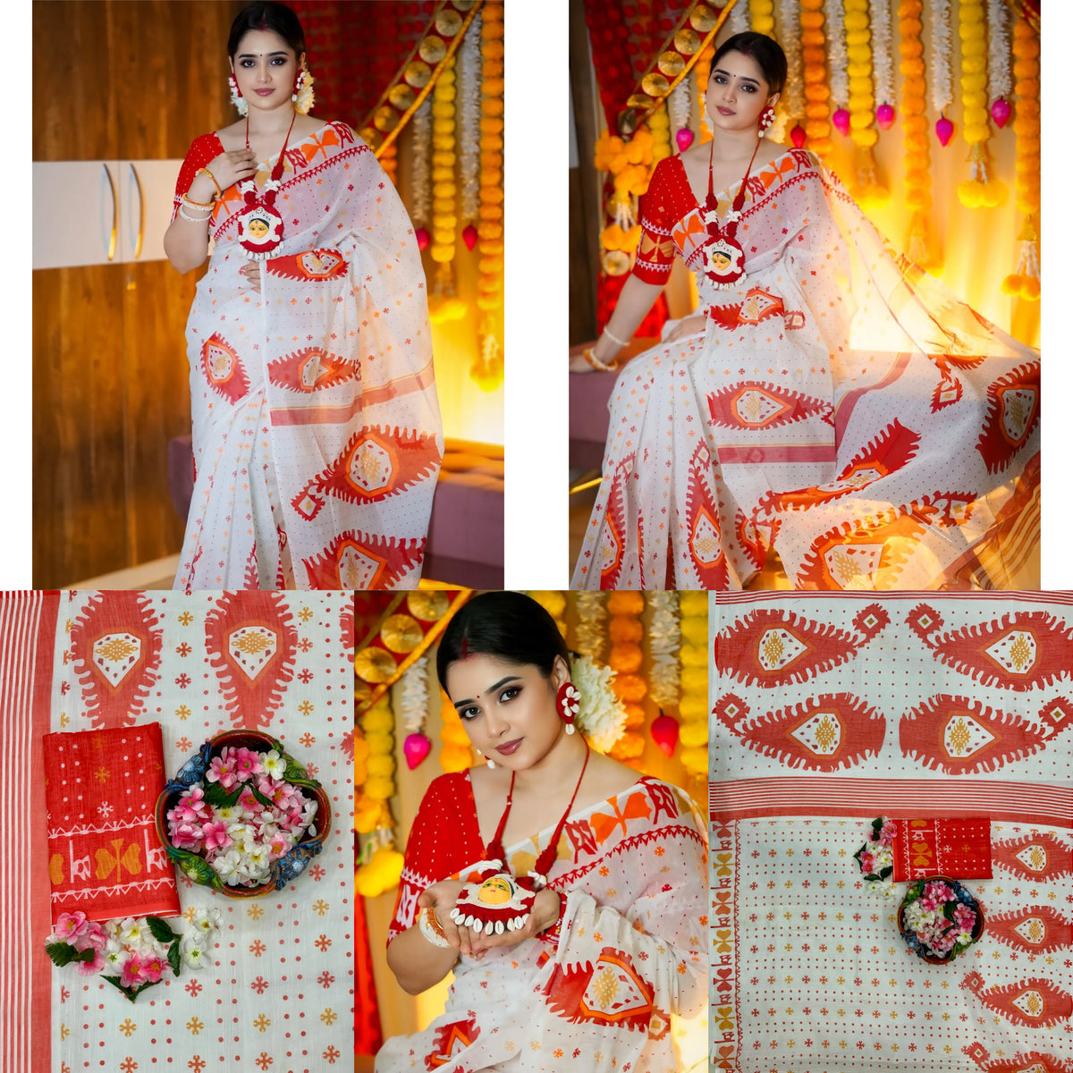 Graceful Floral Elegance – Premium Linen Cotton Digital Printed Saree with Matching Blouse