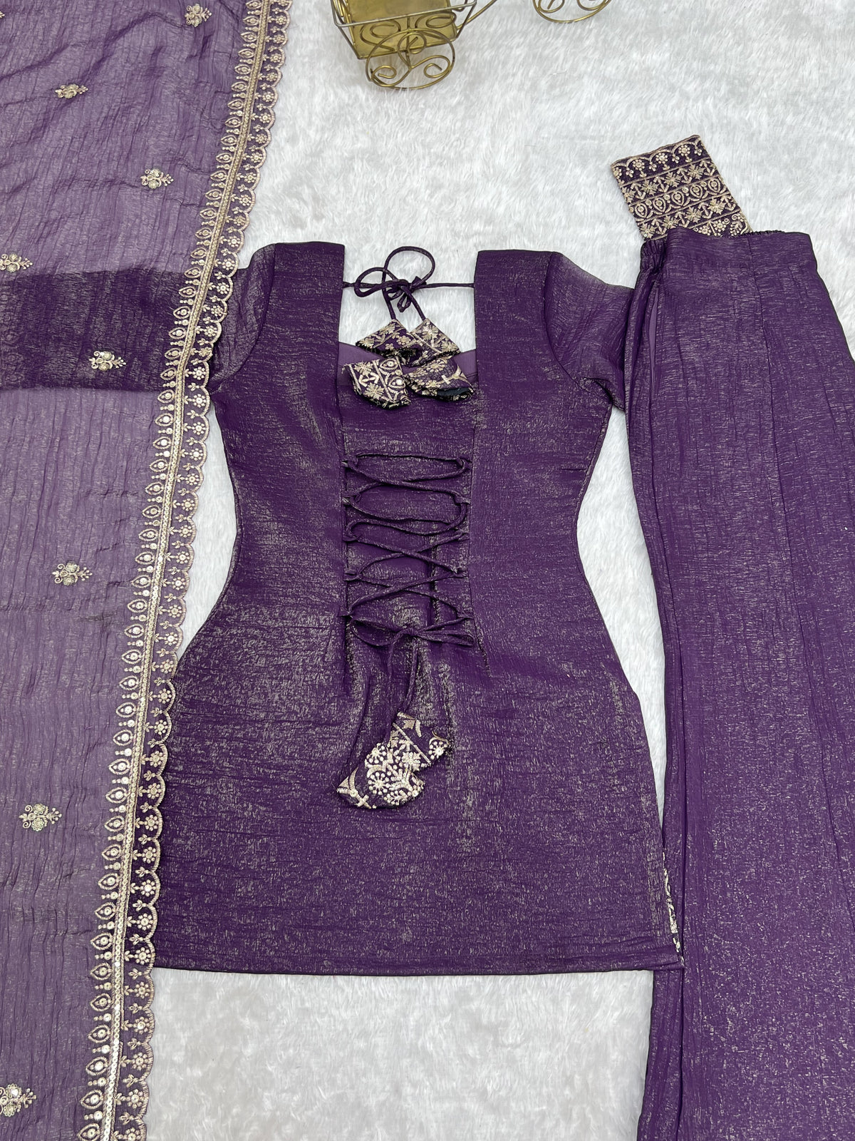 Mahendi & Purple Crunchy Silk Embroidered Bell Bottom Suit with Jari Work Dupatta