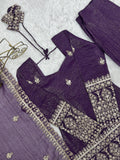 Mahendi & Purple Crunchy Silk Embroidered Bell Bottom Suit with Jari Work Dupatta