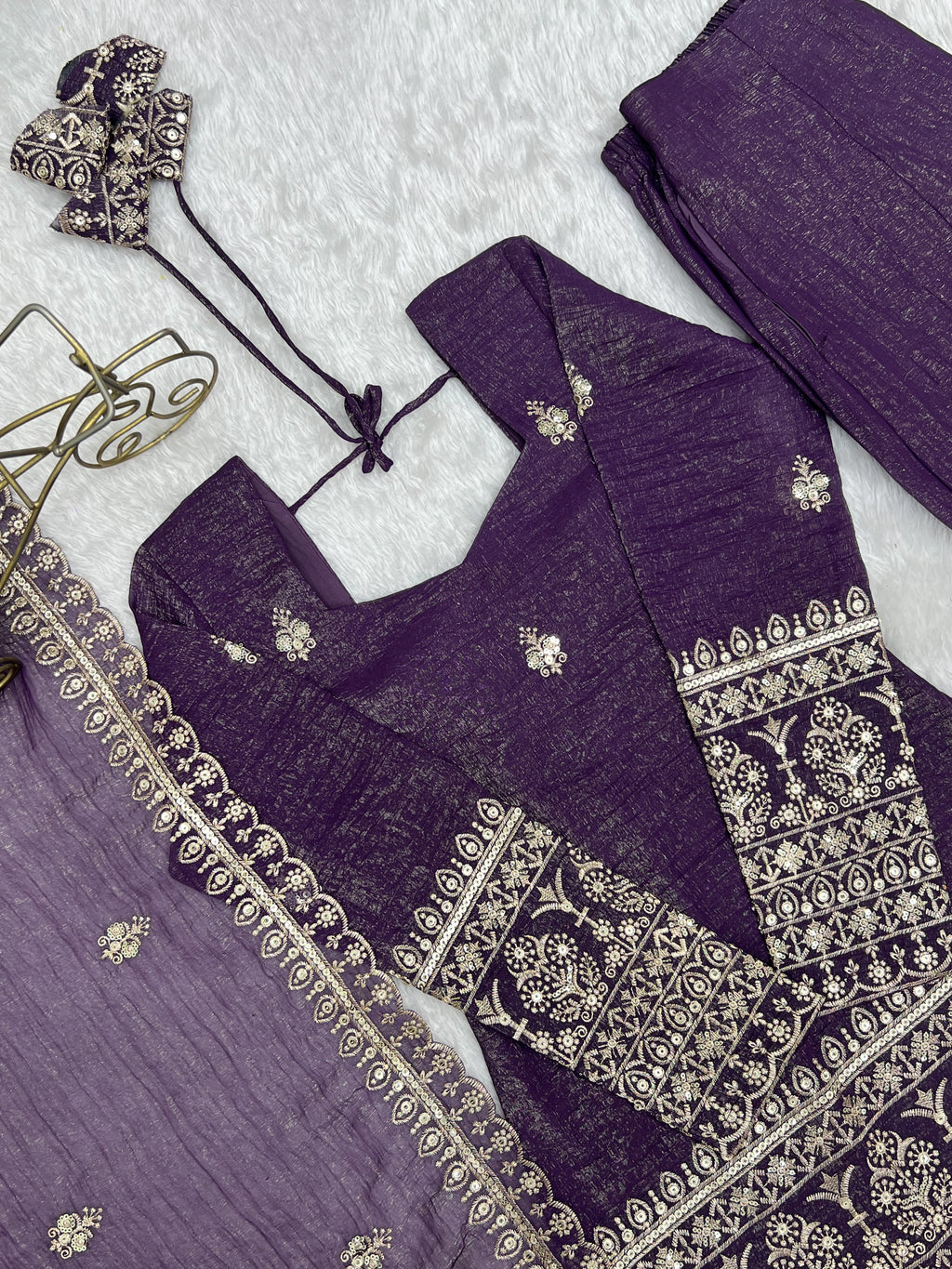 Crunchy Silk Dori Embroidered Bell Bottom Suit with Sequin Jari Work & Lace Dupatta