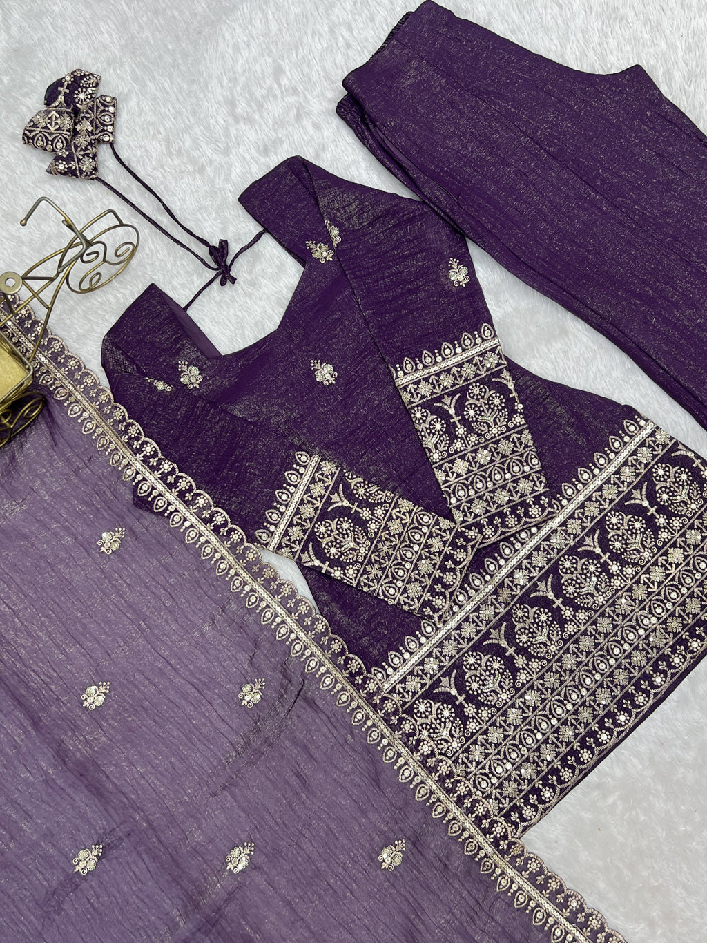 Crunchy Silk Dori Embroidered Bell Bottom Suit with Sequin Jari Work & Lace Dupatta