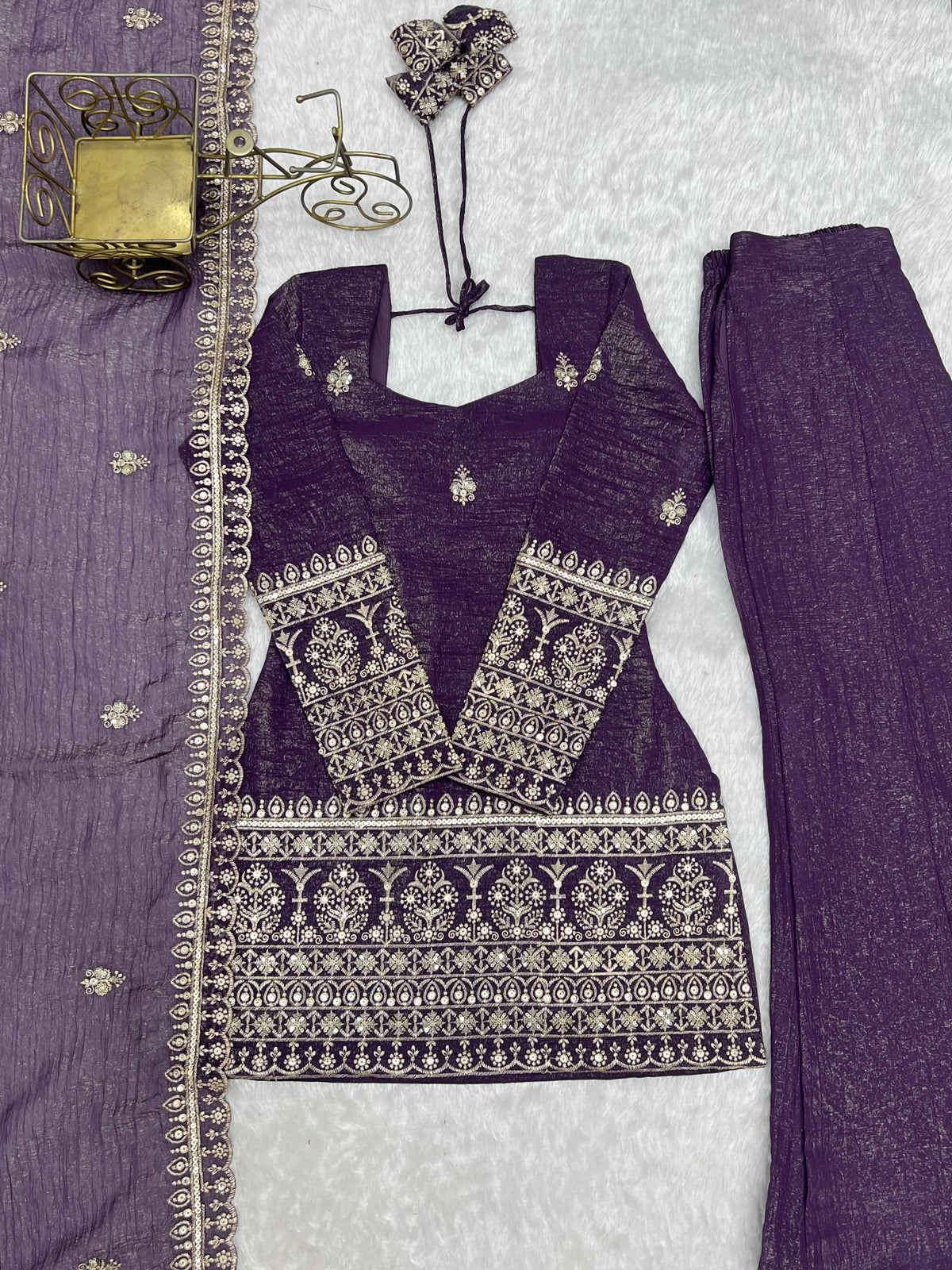 Crunchy Silk Dori Embroidered Bell Bottom Suit with Sequin Jari Work & Lace Dupatta