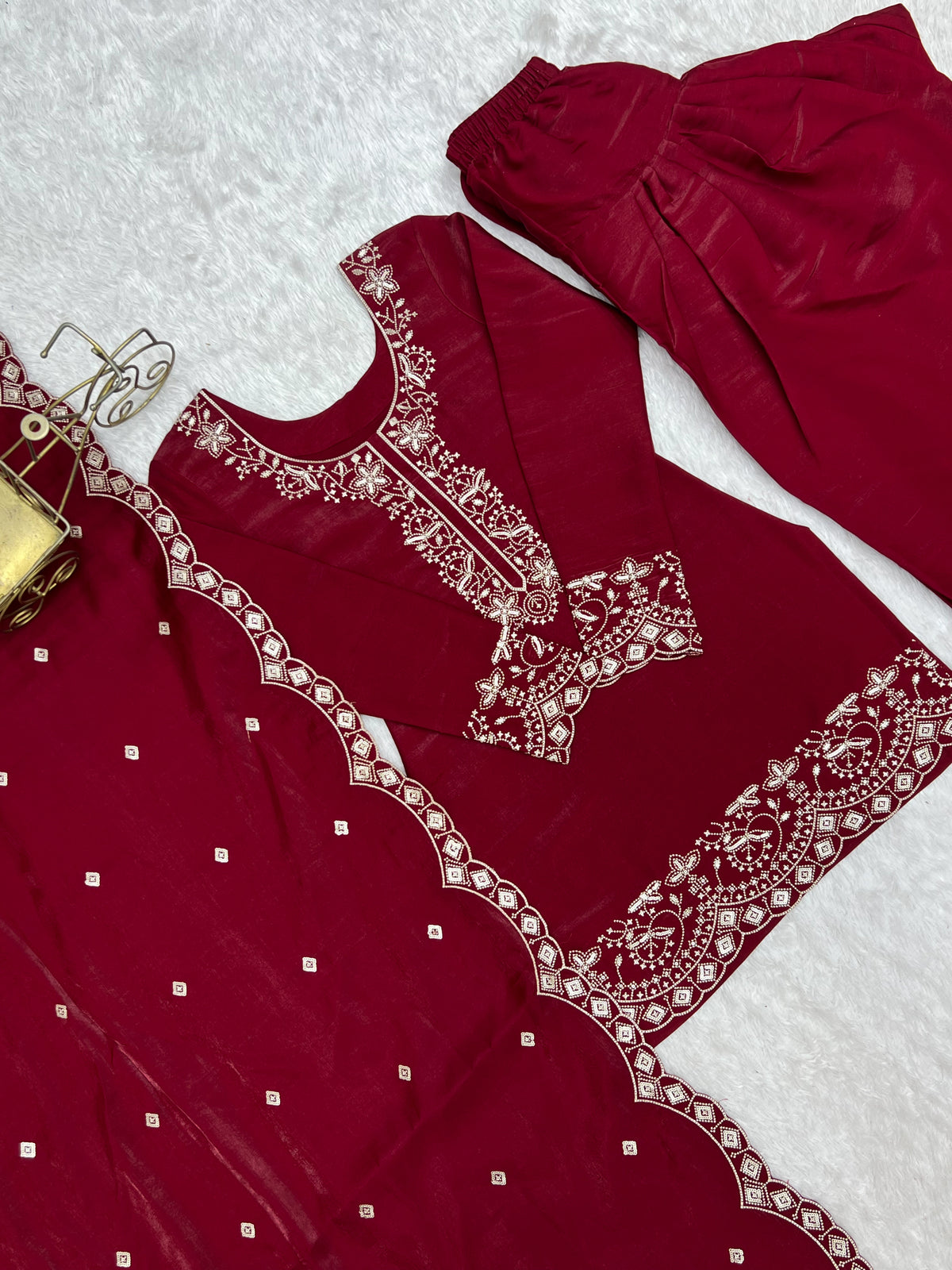 Glass Roman Silk Embroidered Farshi Shalwar Suit with Sequin & Jari Work | Ready to Wear 3-Piece Set