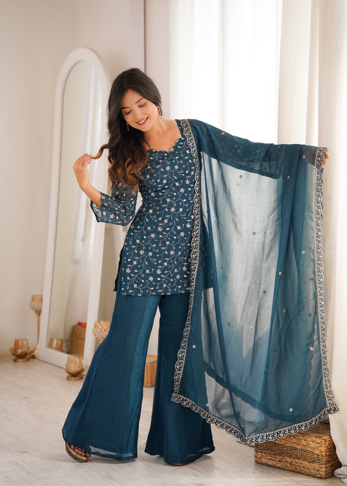 Crunchy Silk Embroidered Bell Bottom Suit with Sequin, Jari & Lace Work Dupatta